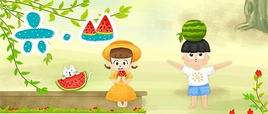夏季六一儿童节女孩男孩西瓜猫手绘插画