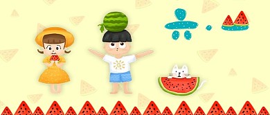 夏季六一儿童节女孩男孩西瓜猫手绘插画