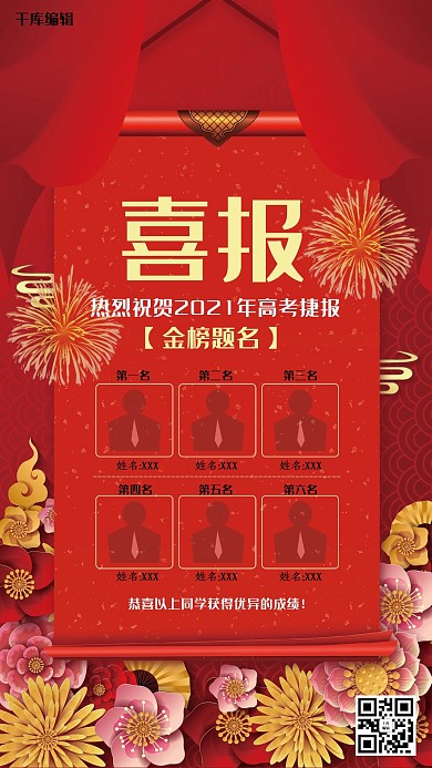 红色剪纸风金榜题名海报
