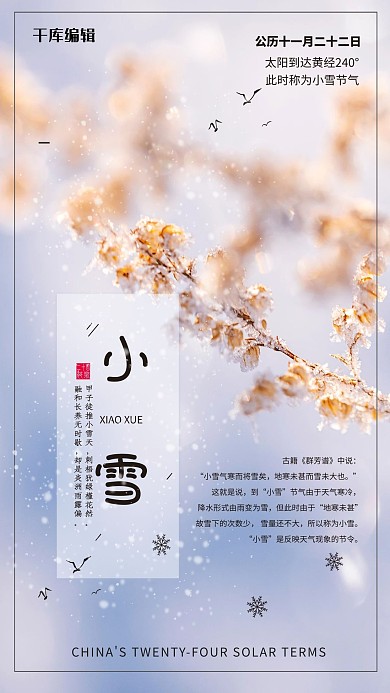 小雪落雪树枝蓝色摄影风格海报