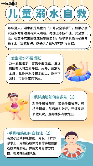 儿童溺水自救方法措施知识卡通扁平手机海报