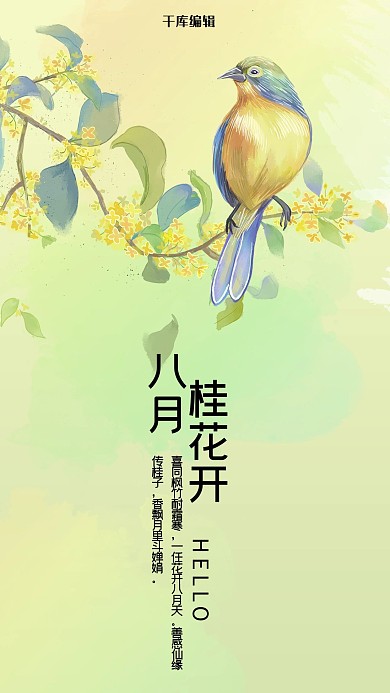 八月你好黄绿色手绘风十二花信之八月桂花手机海报