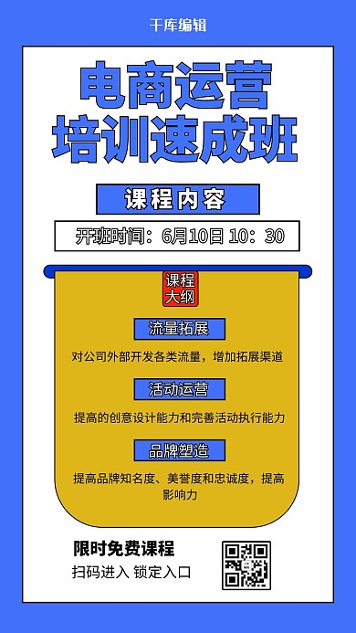 电商培训速成班蓝色简约排版手机海报