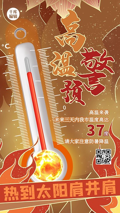 高温预警温度计黄色创意中式海报