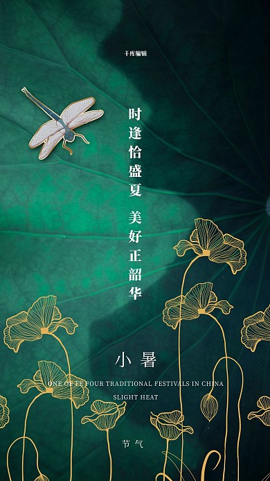二十四节气小暑荷叶绿色简约海报
