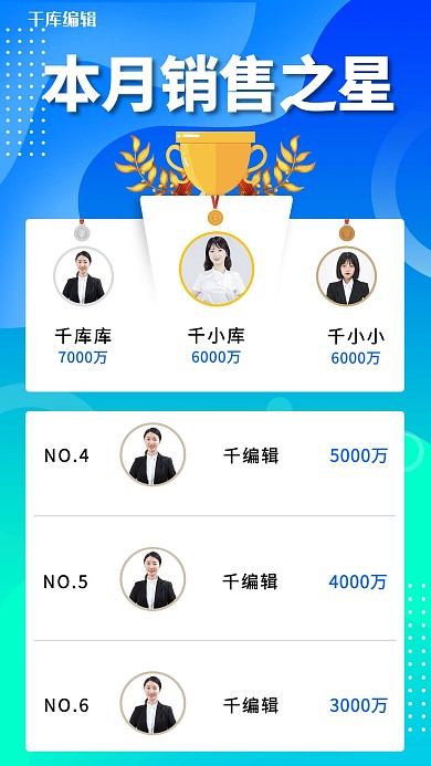 光荣榜本月销售之星蓝色渐变商务风手机海报