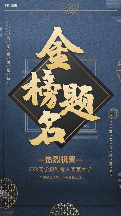 蓝色背景黑色金边框喜庆金榜题名海报
