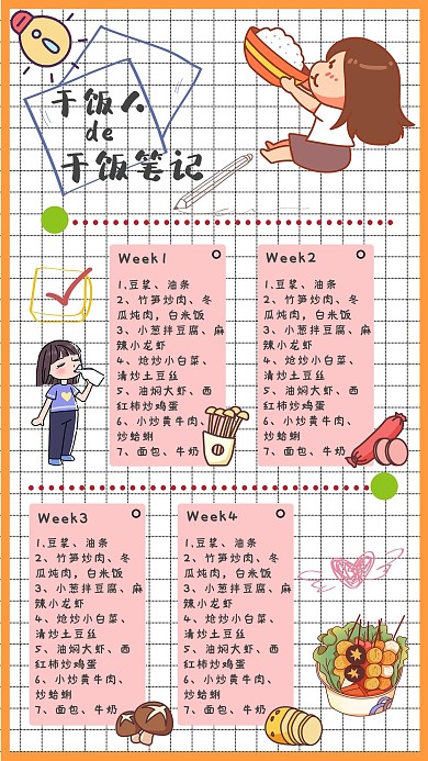 清单手帐女孩食物粉色手绘手机海报