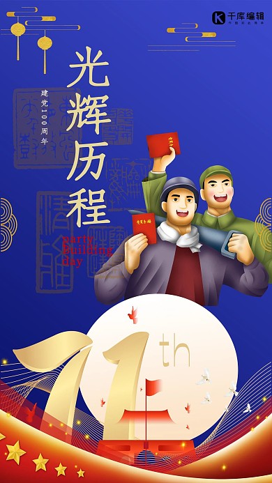 建党节建党100年蓝色复古插画海报