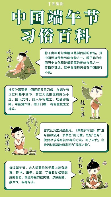 端午习俗百科青绿色简约排版手机海报