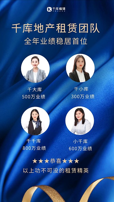 表扬租赁精英白领人物蓝色简约质感手机海报