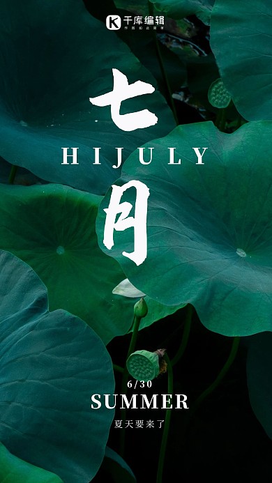 七月你好荷叶夏天墨绿色中国风手机海报