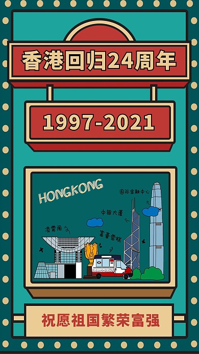 香港回归23周年建筑绿色复古港风海报