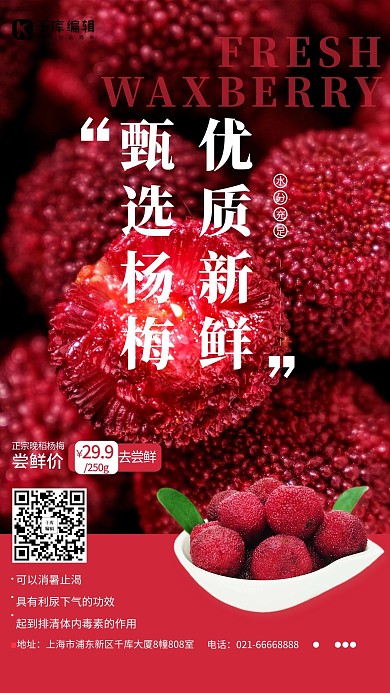甄选杨梅优质新鲜红色简约海报