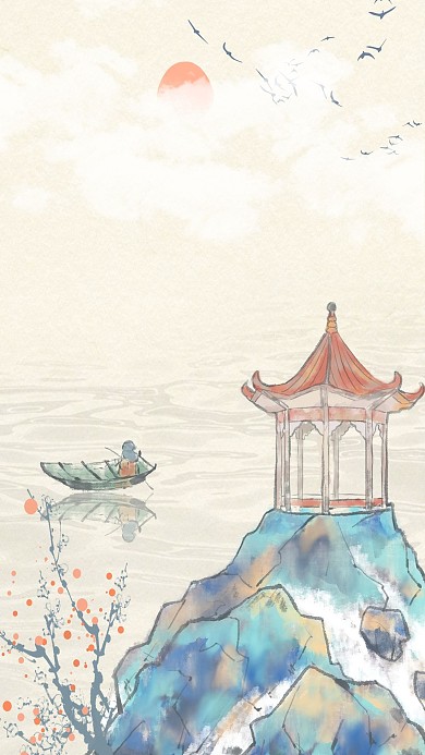 水墨古风山水风景凉亭山峦广告背景