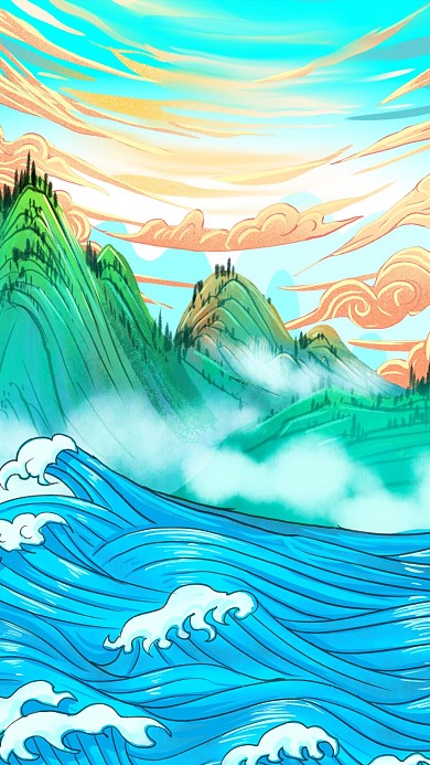 中国风国潮风海浪青山远山祥云广告背景