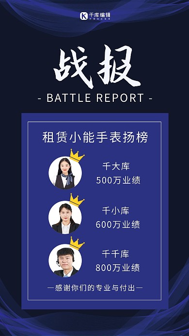 租赁小能手表扬榜白领人物蓝色简约手机海报