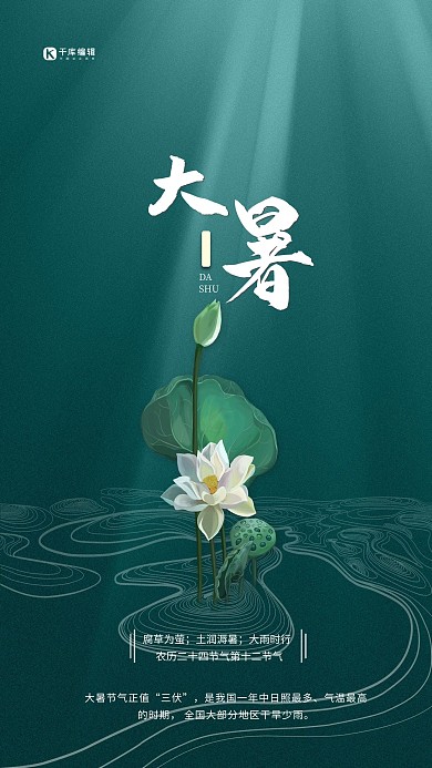 大暑节气荷花绿色中国风海报