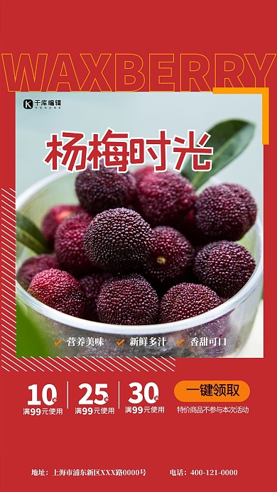 杨梅时光红色简约海报
