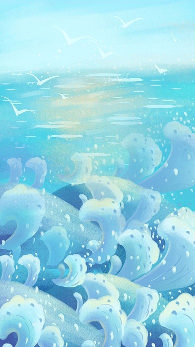 蓝色大海大雁夏季清凉浪花手机壁纸