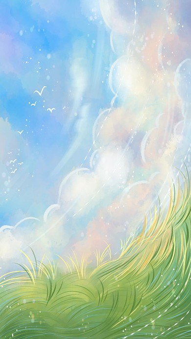 梦幻夏日天空草地草丛云层背景手机壁纸