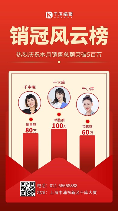 销冠风云榜商务模特红色简约风手机海报