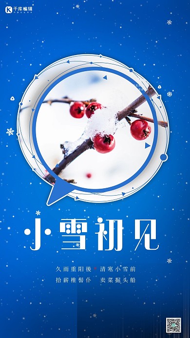 小雪节气雪景蓝色简约海报
