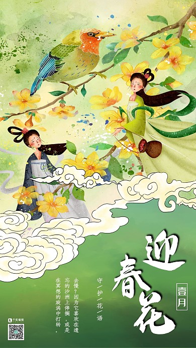 十二月花信之一月迎春花传统中国风花鸟画插画海报