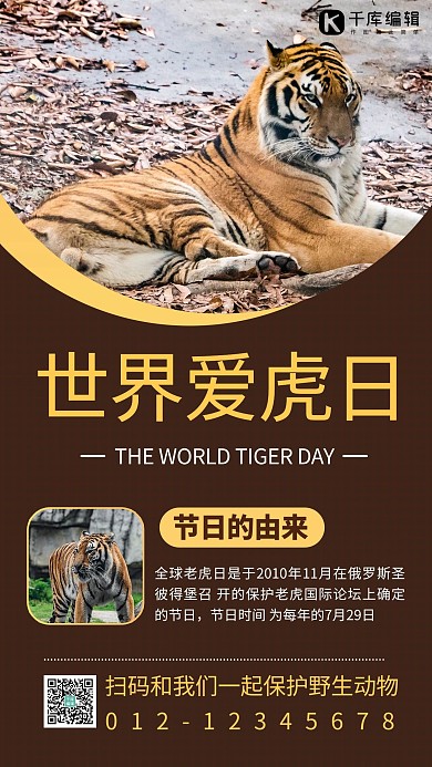 世界爱虎日摄影图黄色商务风手机海报