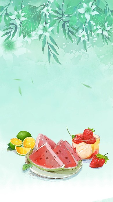 夏季夏天水果绿色水彩