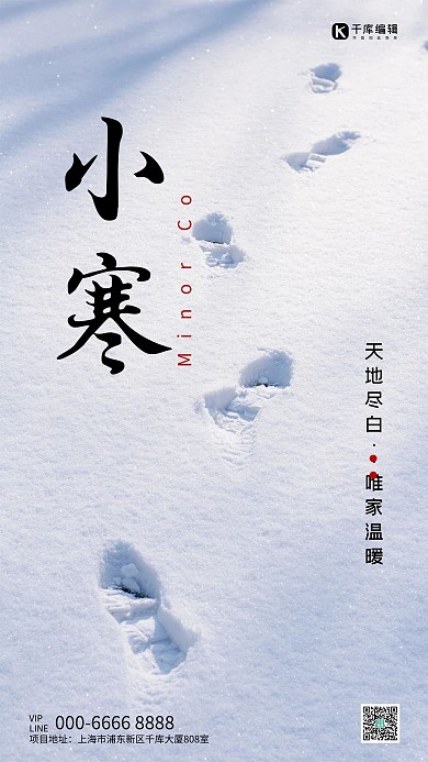 小寒蓝色简约摄影风脚印手机海报