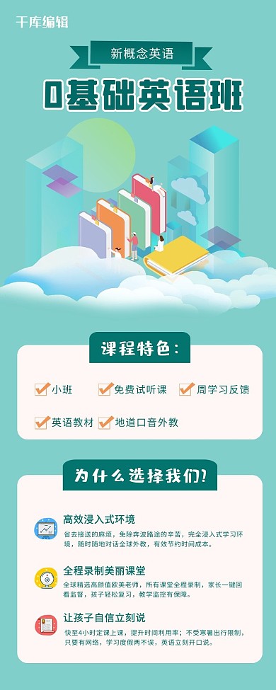 英语教育学习绿色卡通插画营销长图