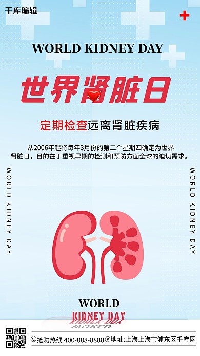 世界肾脏日肾脏医疗红色简约海报