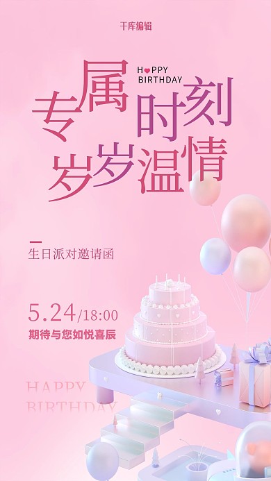 生日派对蛋糕粉色简约邀请函海报
