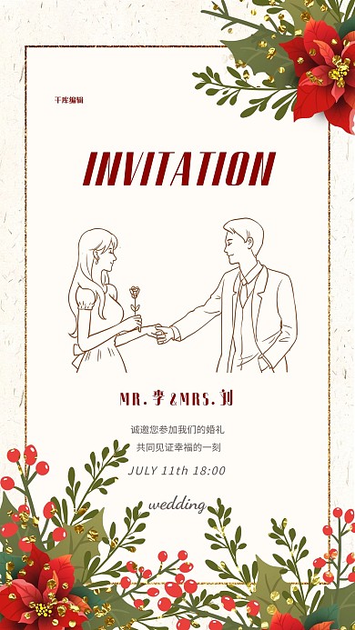 婚礼邀请函婚纱照红色简约海报