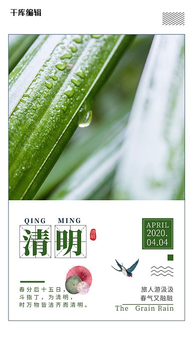 清明节植物雨水绿色简约风海报