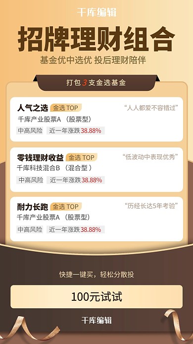 招牌理财组合金色丝带棕色简约风手机海报