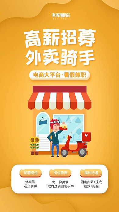 兼职招聘外卖小哥黄色卡通海报