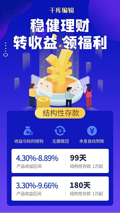 稳健理财钱币蓝色扁平海报