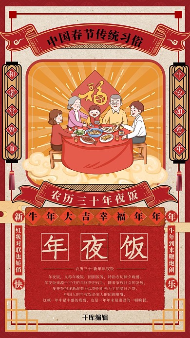 创意手绘新年习俗年夜饭海报