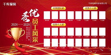 优秀员工风采照片墙红色调红色大气展板