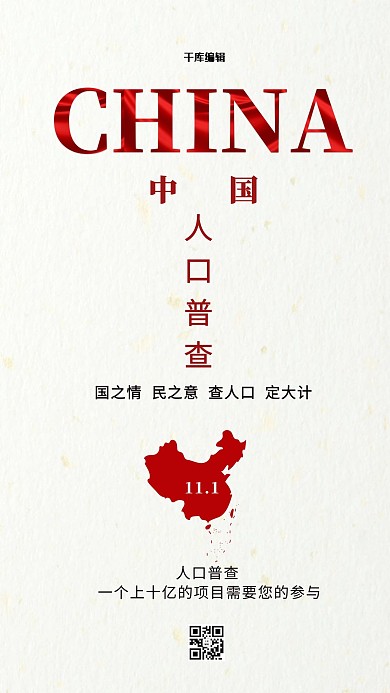 千库编辑原创人口普查地图红色简约大气海报