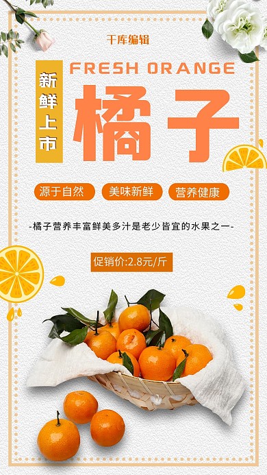 简约插画时令水果秋季水果橘子蜜桔促销海报