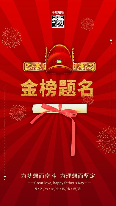 金榜题名状元帽子红金色中国风海报