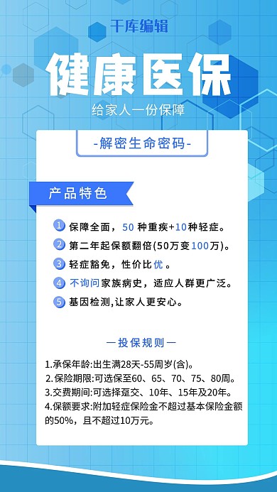 医疗保险理财蓝色简约手机海报