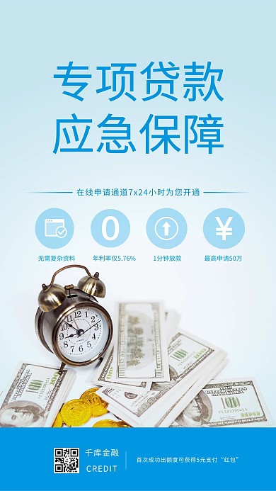 疫情贷款金币蓝色简约海报