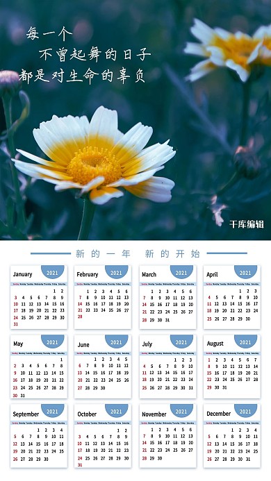 2021日历花蓝色清新海报