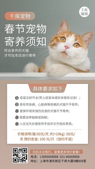 宠物寄养须知喵星人暗青色简约风手机海报