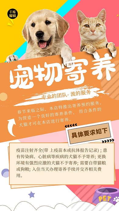 宠物寄养宠物黄色简约大气海报