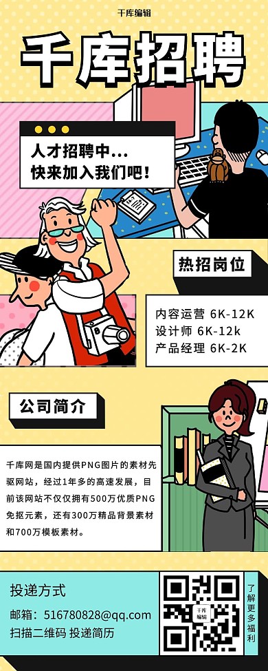 企业招聘职业人物黄色插画长图